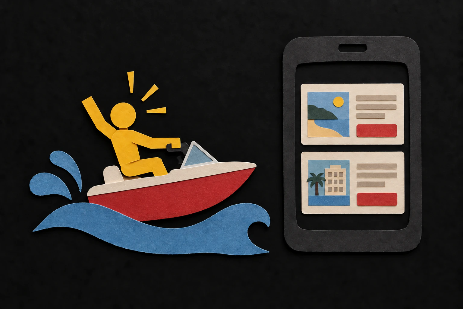 A yellow paper mannequin rides a red jet boat beside a paper phone showing two travel booking cards.